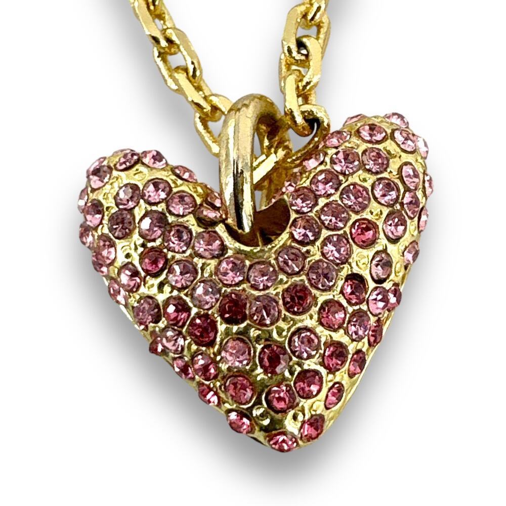 Pink Rhinestone Heart Pendant Fashion Necklace Open Design 3D Gold Plated